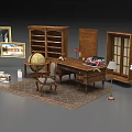 Traditional Study Interior Featuring Desk And Chair Set With Bookcase Globe Lamp And Rug