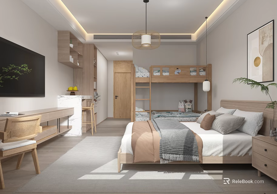 Modern Bedroom Interior With Bunk Bed Main Bed Desk TV Wooden Furniture and Plant 3d model 