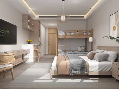 Modern Bedroom Interior With Bunk Bed Main Bed Desk TV Wooden Furniture and Plant 3d model