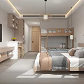 Modern Bedroom Interior With Bunk Bed Main Bed Desk TV Wooden Furniture and Plant