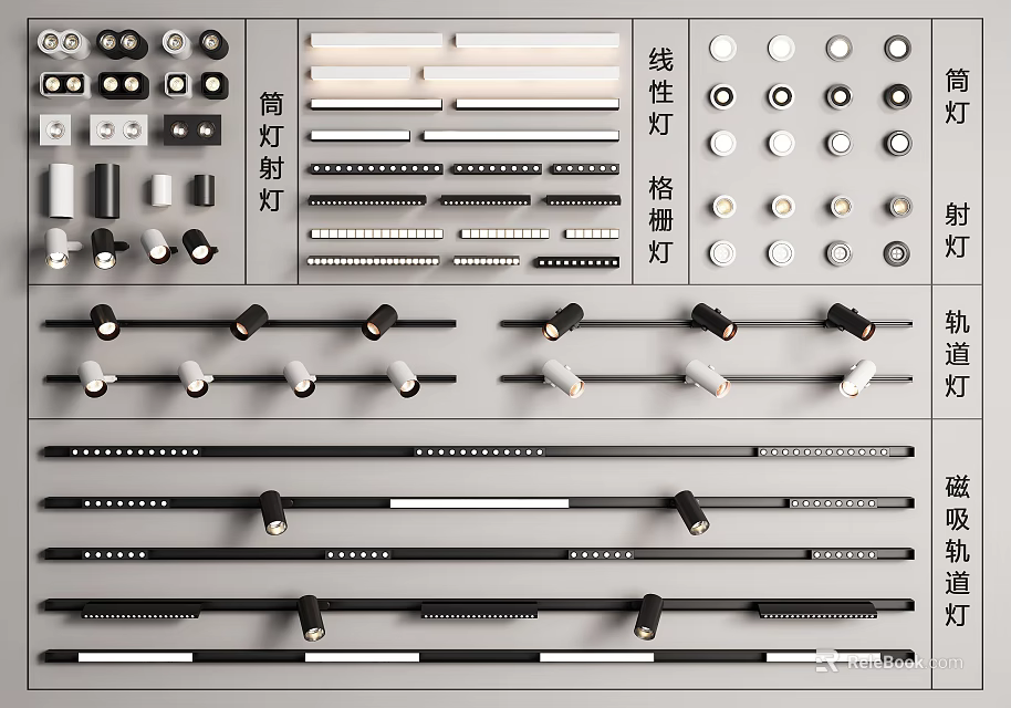 Various Types of Downlights and Spotlights Including Linear Grid Track and Magnetic Track Lights 3d model 