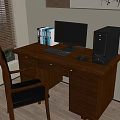 Wooden Office Desk with Computer Monitor Desktop Tower Keyboard Mouse Folders Chair and Window Blinds