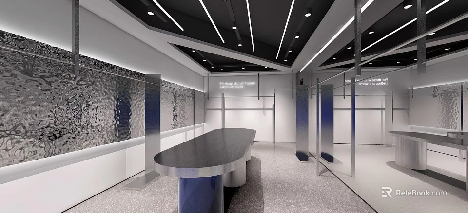 Modern Clothing Store Interior With Black Ceiling Linear Lights Curved Counter And Metal Racks 3d model 