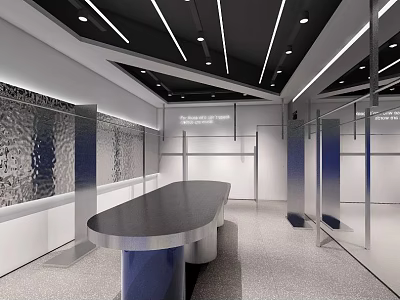 Modern Clothing Store Interior With Black Ceiling Linear Lights Curved Counter And Metal Racks 3d model