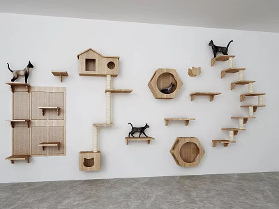 Wooden Wall Mounted Cat Shelves With House Platform And Stairs For Cats 3d model