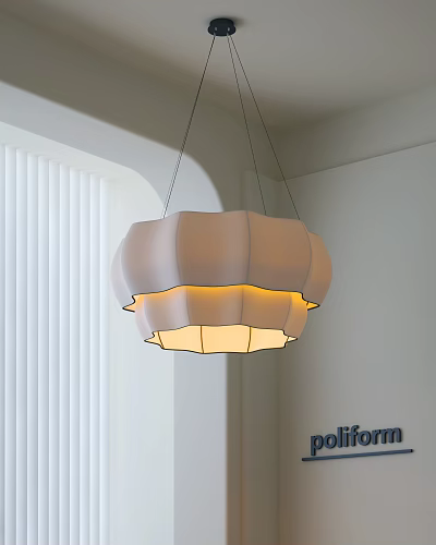 Layered Petal Shaped Chandelier Hanging In Modern Interior With White Walls And Window Blinds 3d model