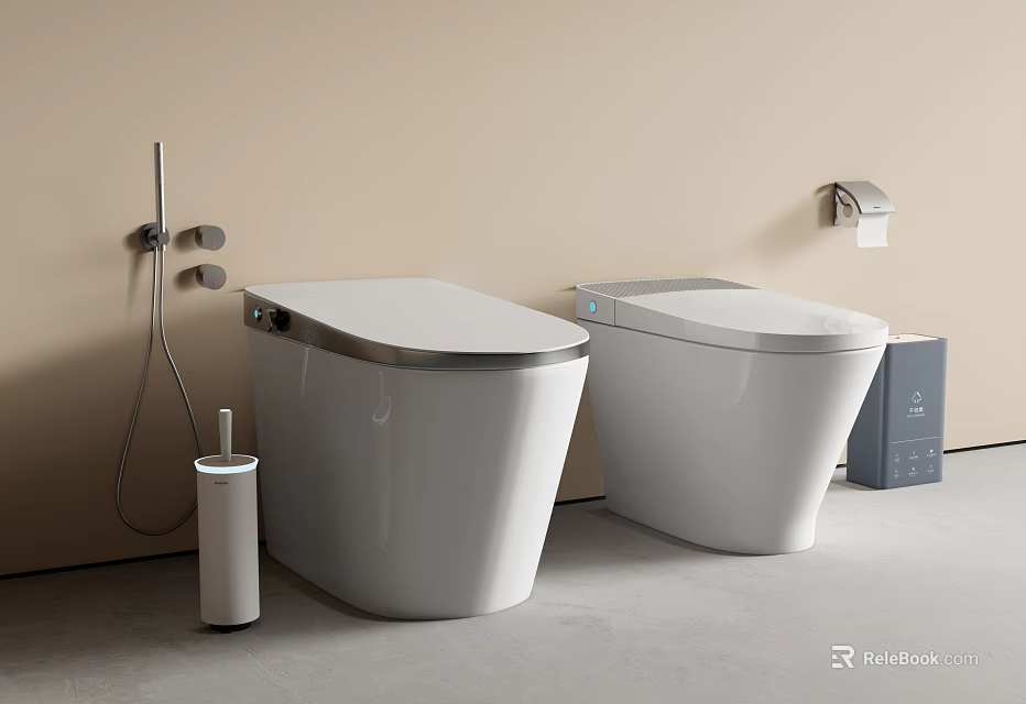 Modern Smart Toilet Design With Bidet Function Toilet Brush And Tissue Holder 3d model 