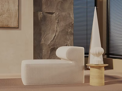 Modern Leisure Chair with Curved Design and Wooden Side Table Against Stone Wall and Blinds 3d model