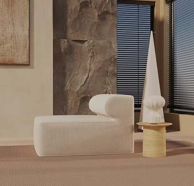 Modern Leisure Chair with Curved Design and Wooden Side Table Against Stone Wall and Blinds 3d model