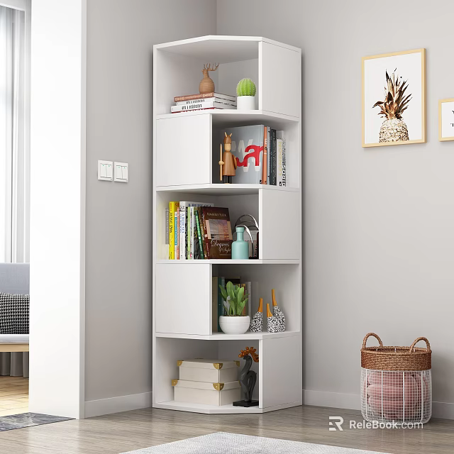 White Modern Bookshelf With Books Green Plants And Decorative Items 3d model 