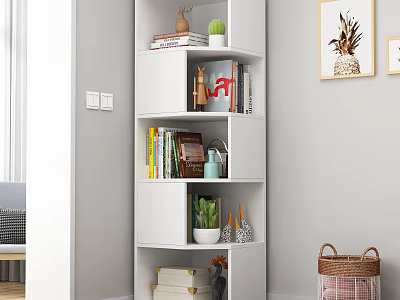 White Modern Bookshelf With Books Green Plants And Decorative Items 3d model