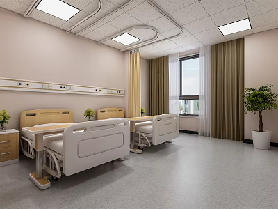 Hospital Ward With Patient Beds Medical Equipment Strips Windows Curtains Potted Plant And Ceiling Lights 3d model
