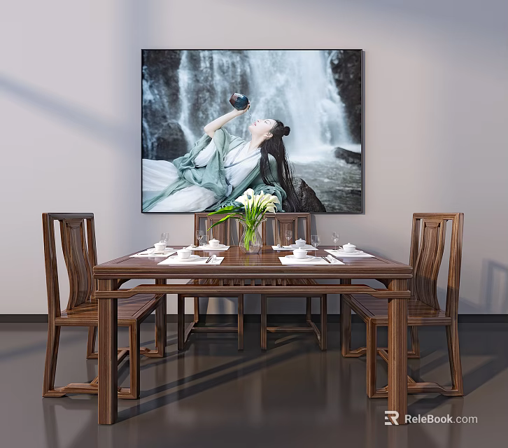 Classic Wooden Dining Table Set with Chairs Vase Tableware and Wall Painting 3d model 