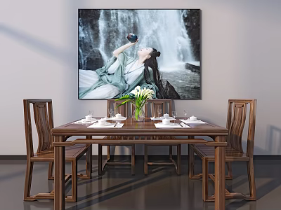 Classic Wooden Dining Table Set with Chairs Vase Tableware and Wall Painting 3d model