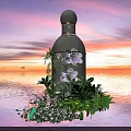 Floral Installation Featuring Transparent Bottle Structure Purple Flowers Green Plants And Sunset Water Background