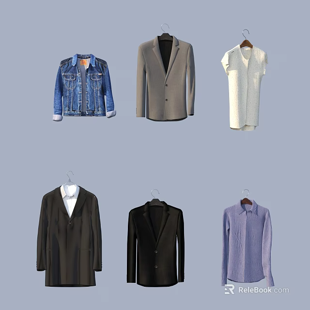 Clothes Assortment Including Denim Jacket Gray Blazer White Dress Black Suits And Purple Striped Shirt 3d model 