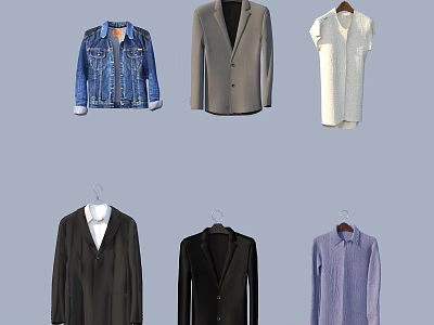 Clothes Assortment Including Denim Jacket Gray Blazer White Dress Black Suits And Purple Striped Shirt 3d model