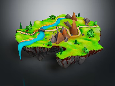 Cartoon Floating Island Scene With Green Grass Blue River Waterfall Brown Mountains And Winding Path 3d model