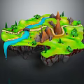 Cartoon Floating Island Scene With Green Grass Blue River Waterfall Brown Mountains And Winding Path