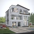 Modern Two Story Detached Villa With Large Windows Balcony And Green Surroundings