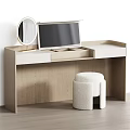 Modern Wooden Dressing Table with Open Drawer Round Mirror and Plush Stool
