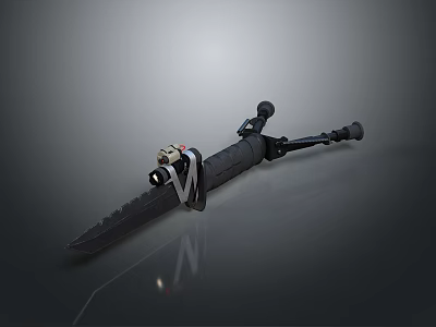 Tactical Weapon With Black Serrated Blade And Handle Mounted Flashlight Accessory 3d model