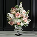 Elegant Decorative Ornament Set with Silver Metal Vase and Pink White Floral Arrangement