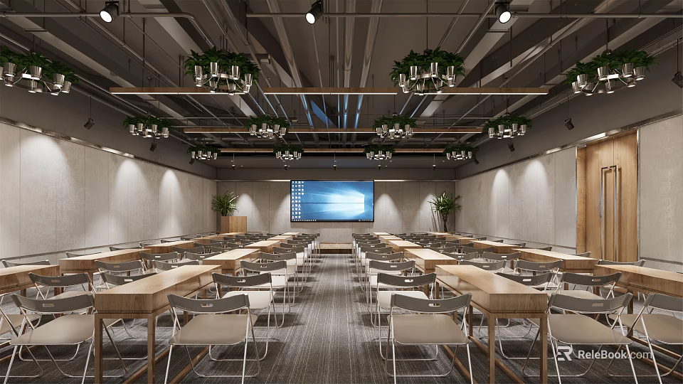 Modern Conference Room with Long Tables Chairs Large Screen Chandeliers and Plants 3d model 