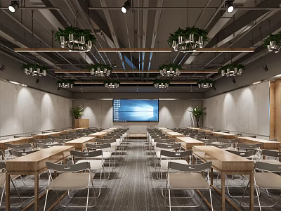 Modern Conference Room with Long Tables Chairs Large Screen Chandeliers and Plants 3d model