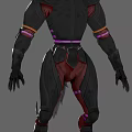 Man In Black Futuristic Outfit Back View With Purple Accents And Orange Details