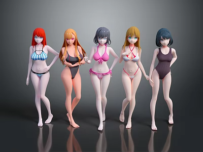 Five Game Anime Female Characters In Bikini Swimwear With Colorful Hair Standing 3d model