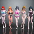 Five Game Anime Female Characters In Bikini Swimwear With Colorful Hair Standing