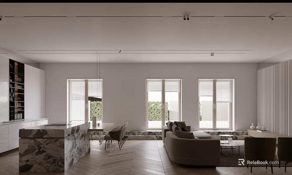 Modern Living Dining Room Interior With Sofa Dining Table Chairs And Windows 3d model 