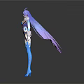 Game And Movie Character With Blue Purple Hair Purple Cloak Blue White Outfit And White Gloves