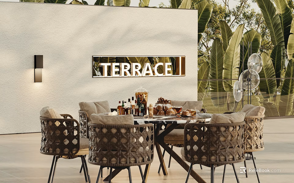 Outdoor Terrace Table With Woven Chairs Drinks Snacks White Wall And Green Plants 3d model 