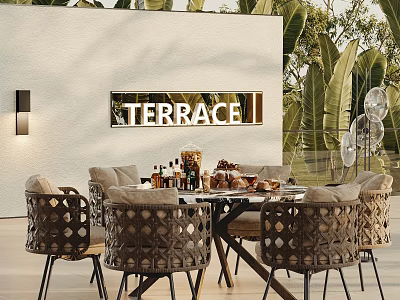 Outdoor Terrace Table With Woven Chairs Drinks Snacks White Wall And Green Plants 3d model