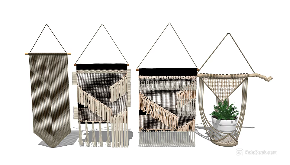 Stylish Macramé Hanging Decorations With Various Patterns And Plant Holder For Home Decor 3d model 