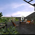 Serene Roof Garden With Green Plants Outdoor Table Chairs Hanging Lantern And Tiled Floor