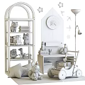 Stuffed Cat Fox Dinosaur Dolls on White Shelf with Books Blackboard Stars Clock and Trolley