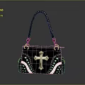 Stylish Black Handbag With Cross Ornament And Silver Decorative Straps
