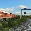 Railway Infrastructure With Red Locomotive Freight Cars Tracks Gantry Crane Containers And Blue Sky