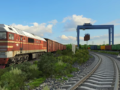 Railway Infrastructure With Red Locomotive Freight Cars Tracks Gantry Crane Containers And Blue Sky 3d model