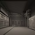 Historic Station Corridor With Brick Building Arched Structure And Display Boards 3d model