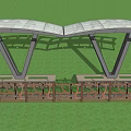 Modern Metal Pergola With Curved Roof And Circular Decorations By Wooden Fence On Green Lawn