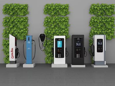 Industrial Electric Vehicle Charging Stations With Green Plant Walls Various Designs And ChargeUp Brand 3d model