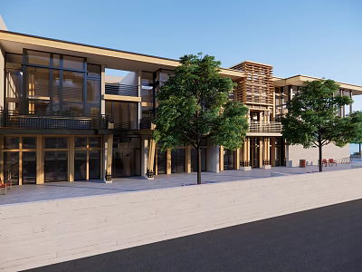 Modern Office Building With Large Glass Windows Wooden Accents And Outdoor Trees 3d model