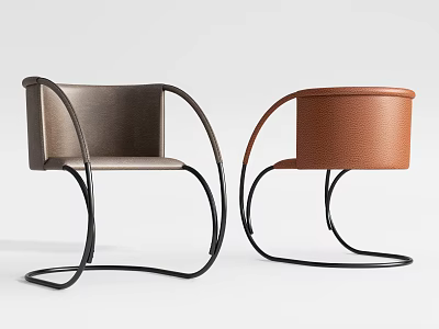 Modern Leather Dining Chairs With Curved Metal Frame In Brown And Gray Tones 3d model
