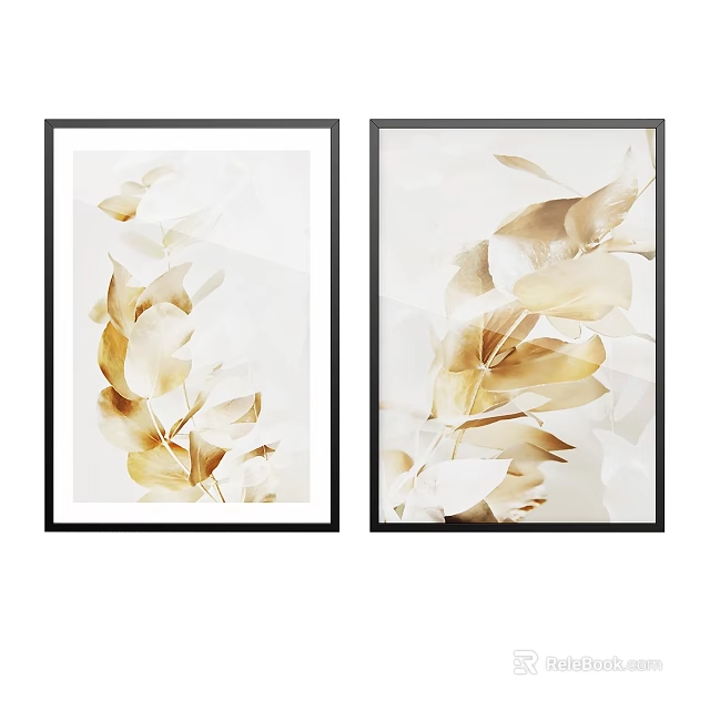 Two Piece Golden Leaf Decorative Paintings With Black Frames For Wall Art 3d model