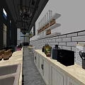 Bubble Tea Shop Open Preparation Area With Long Counter Sink Cabinets Decorative Shelves And Chandelier