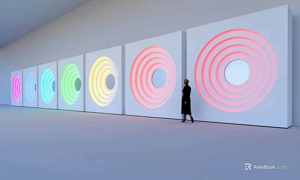 Colorful Concentric Circles Background Wall with Standing Figure in Modern Interior 3d model 